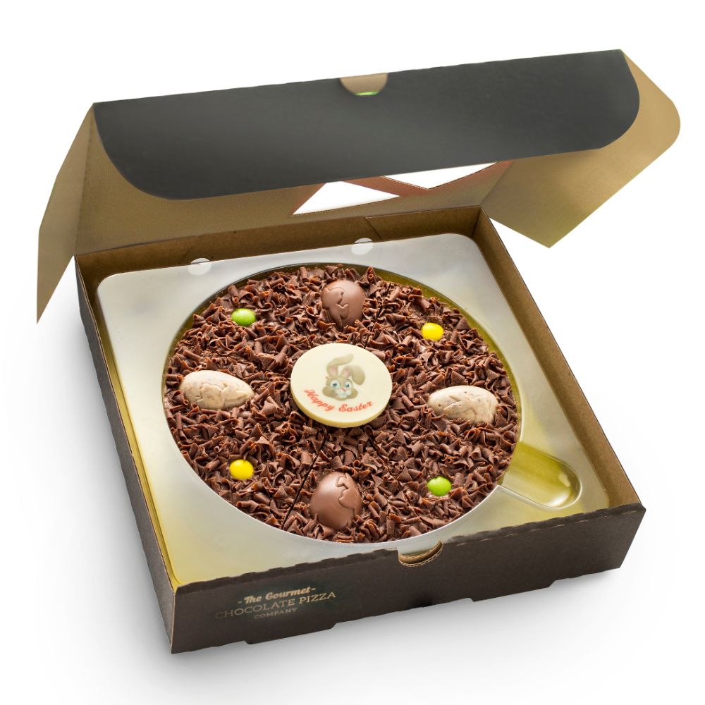 Seven Inch Easter Chocolate Pizza, decorated with rainbow chocolate drops, chocolate eggs and white chocolate bunny plaque.